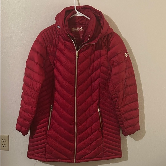 Michael Kors Women's Cherry Red 2 Front Zippers Down/Feather Puffer PackableCoat - Picture 1 of 12